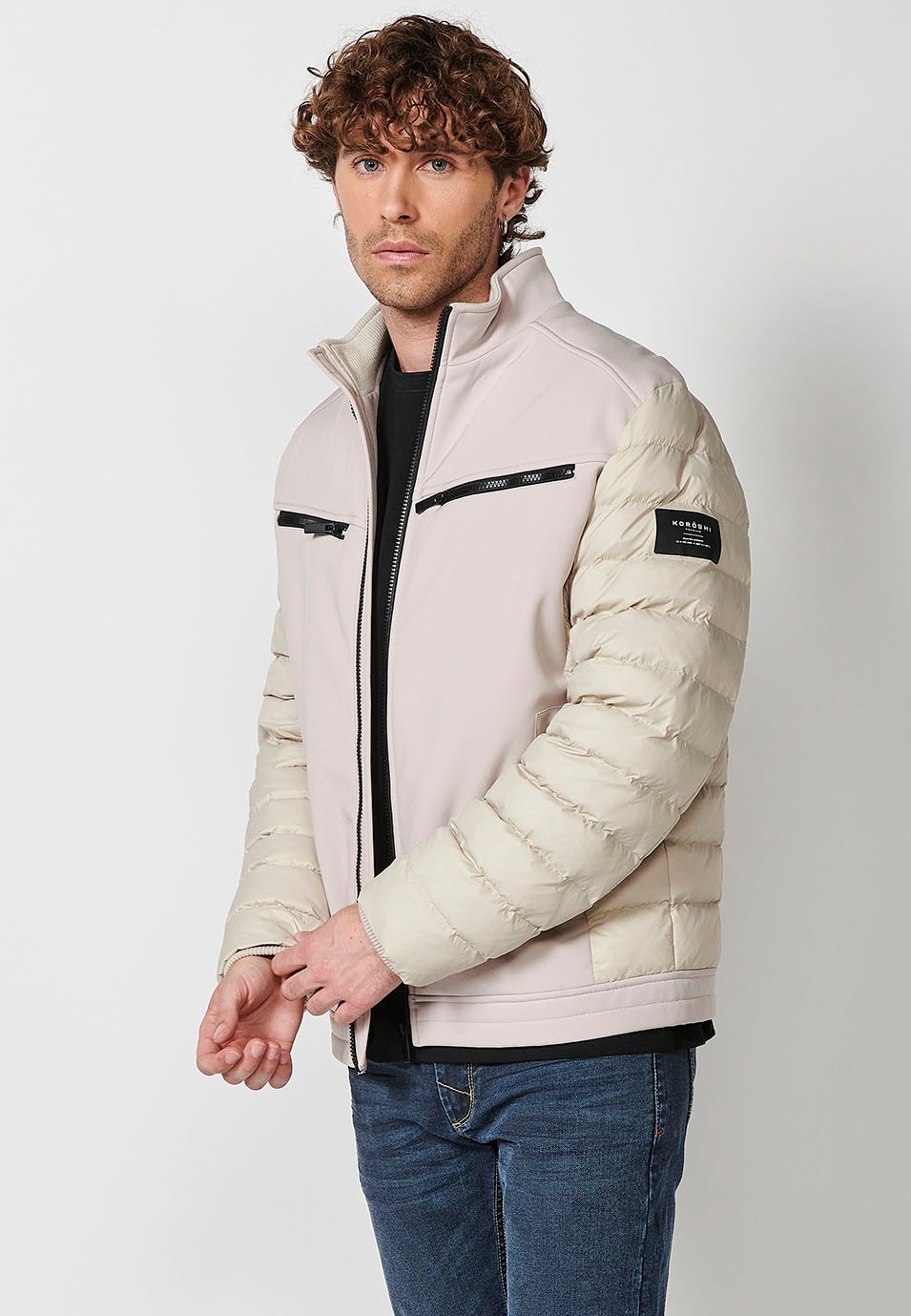 Mens Quilted Bomber Jacket with Stand Collar and Front Zip Closure and Pockets in Stone