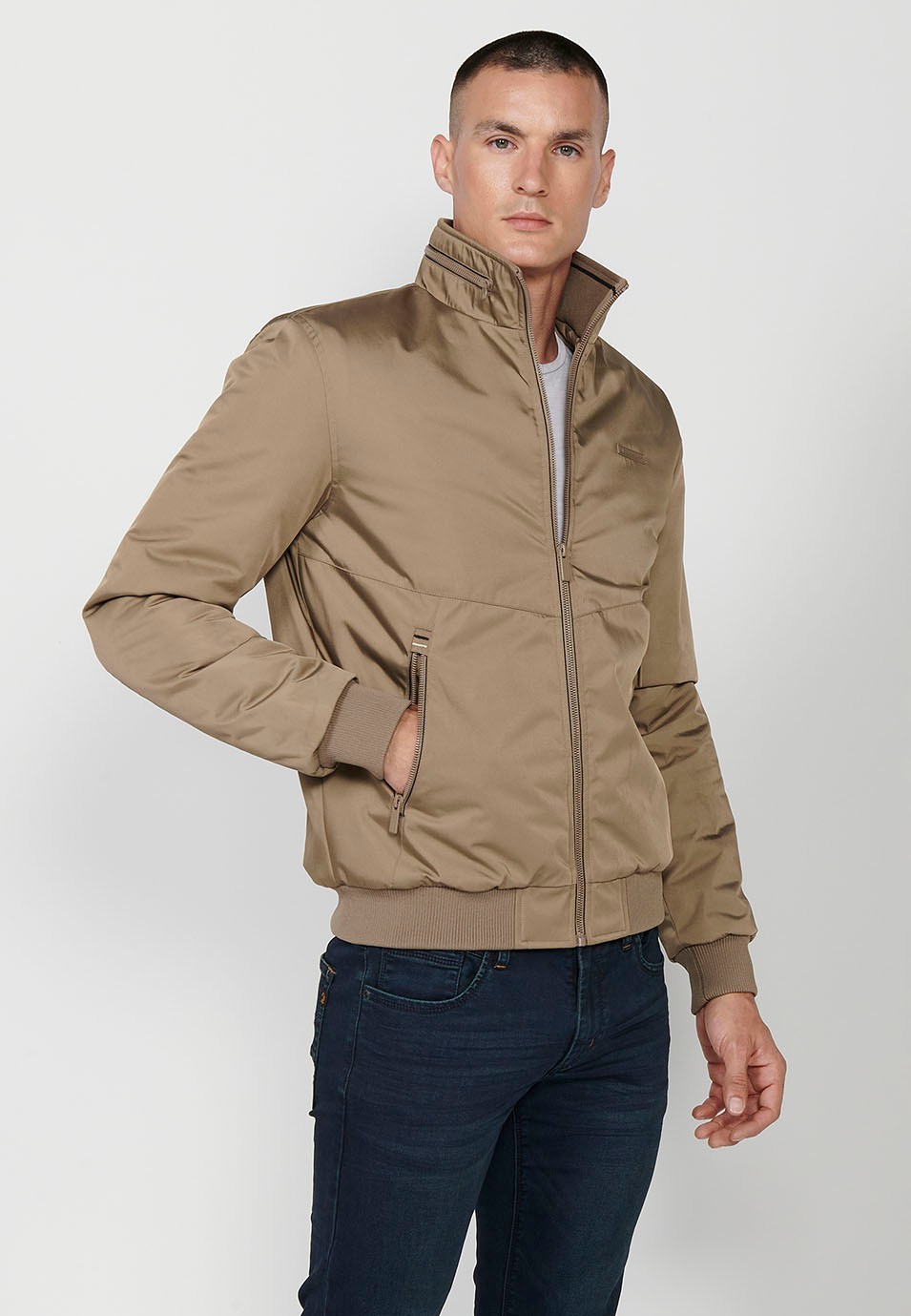 Men's Beige High Crew Neck Zip Front Closure Jacket with Pockets