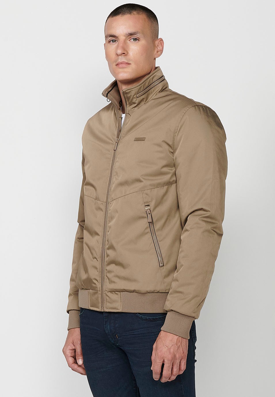 Men's Beige High Crew Neck Zip Front Closure Jacket with Pockets 7