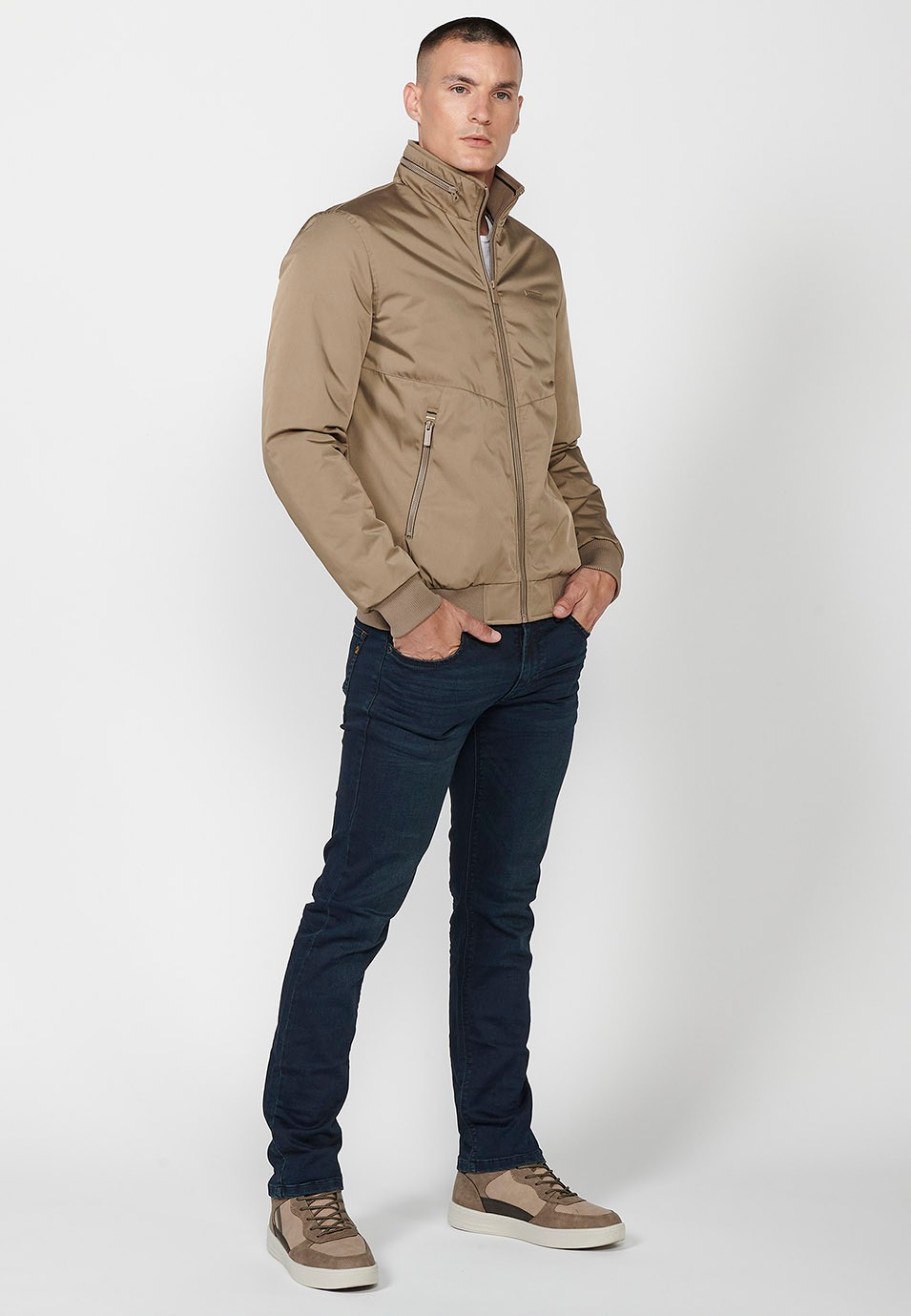 Men's Beige High Crew Neck Zip Front Closure Jacket with Pockets 5