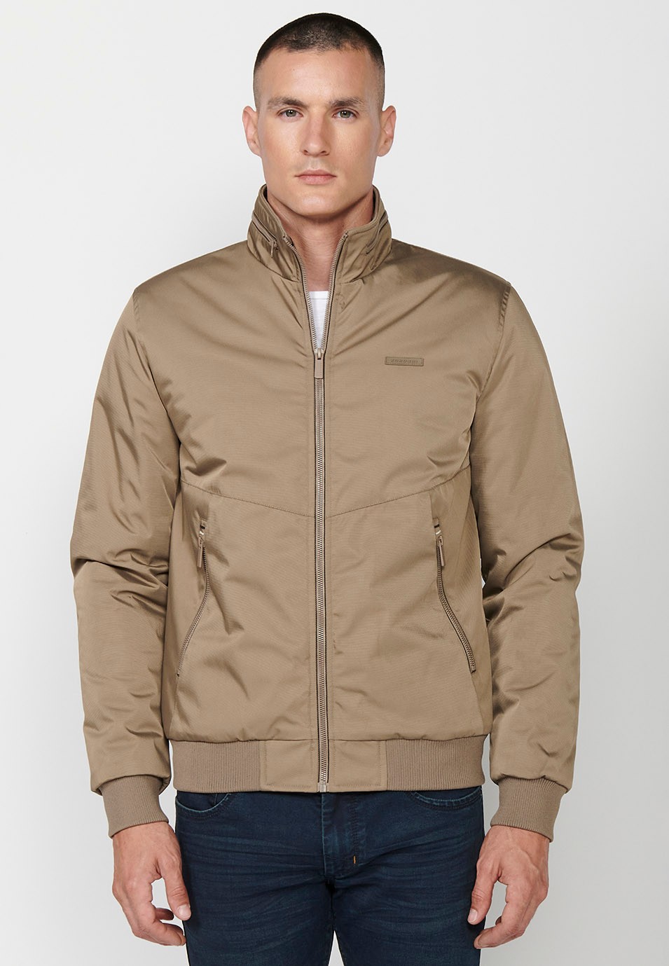 Men's Beige High Crew Neck Zip Front Closure Jacket with Pockets 3