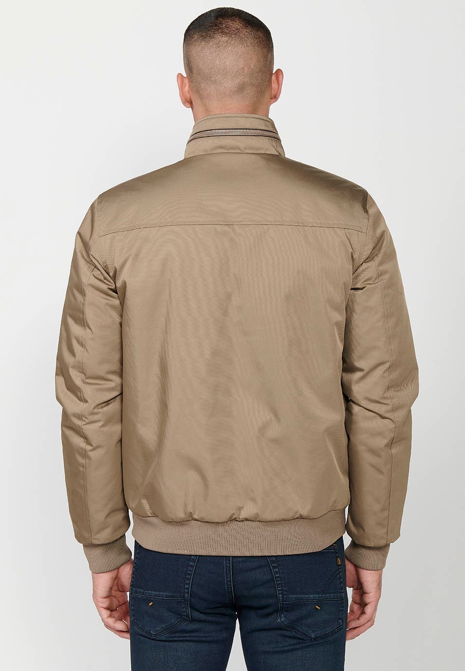 Men's Beige High Crew Neck Zip Front Closure Jacket with Pockets 2