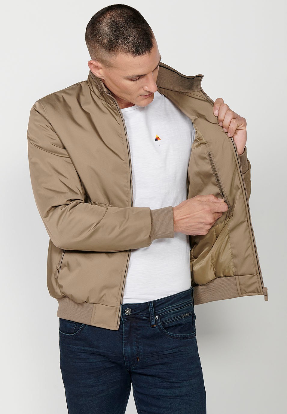 Men's Beige High Crew Neck Zip Front Closure Jacket with Pockets 1