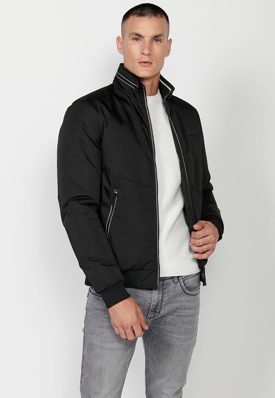 Mens High Round Neck Zip Front Jacket with Pockets in Black 9