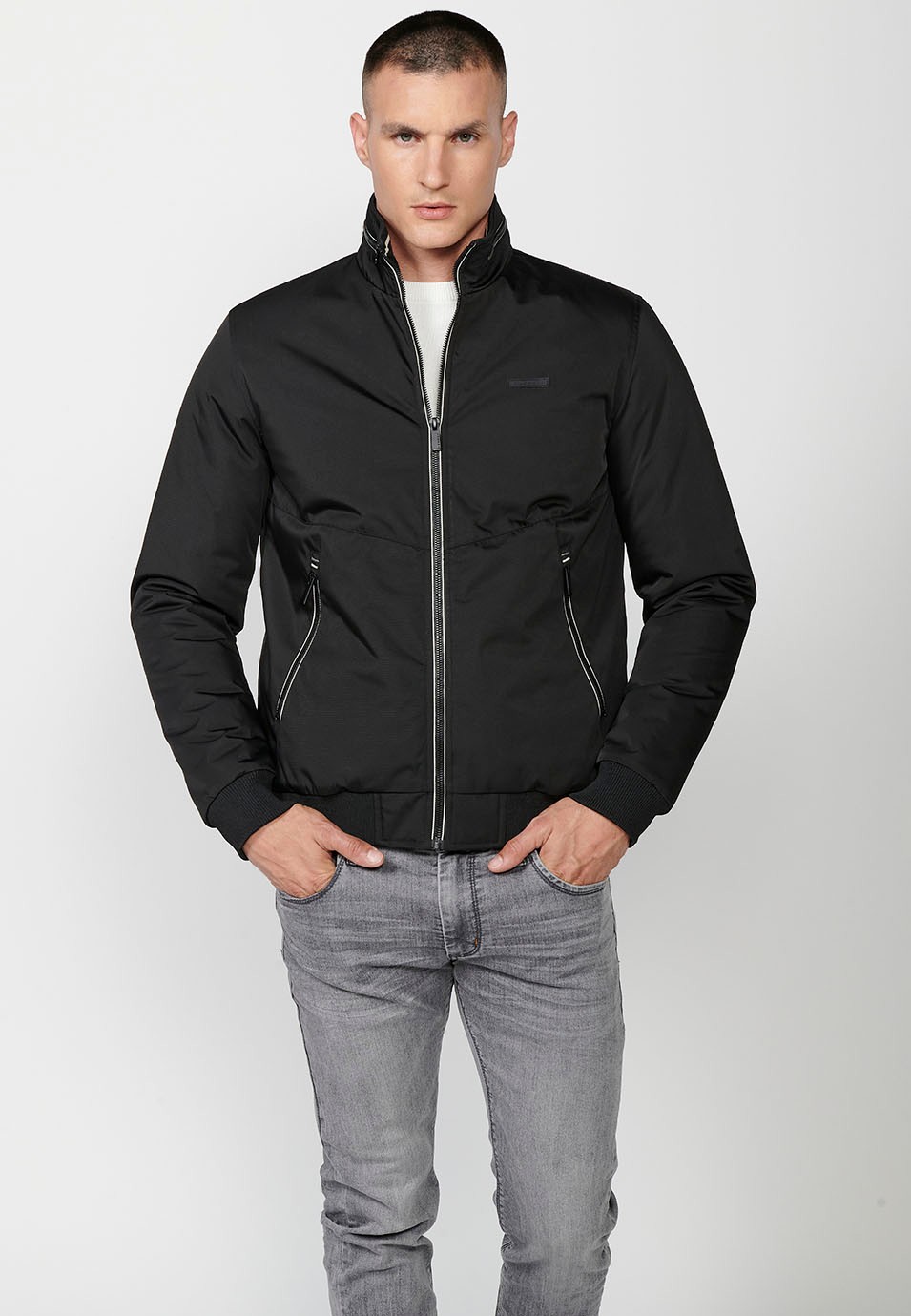 Mens High Round Neck Zip Front Jacket with Pockets in Black