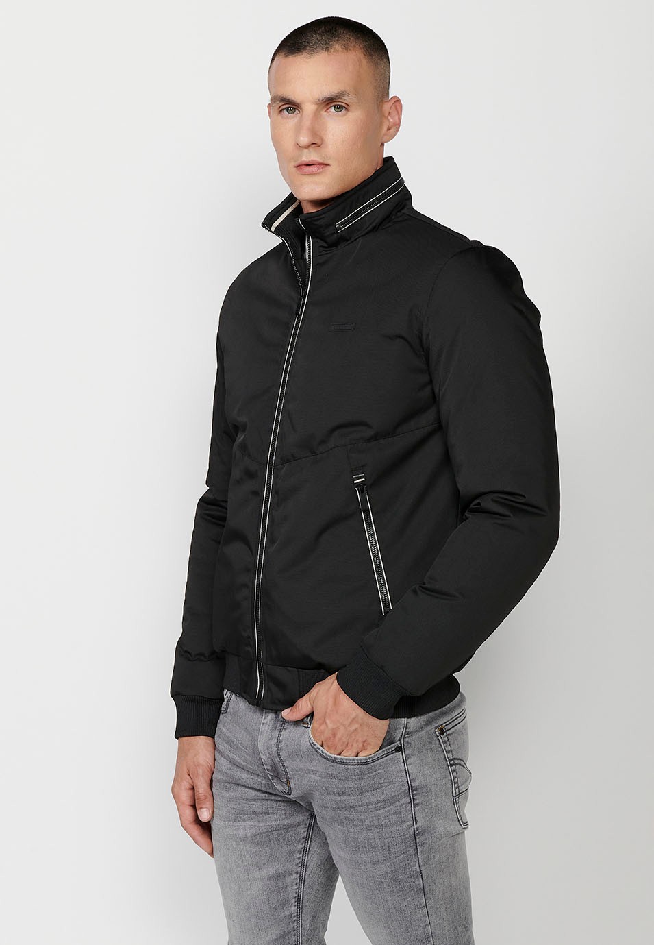 Mens High Round Neck Zip Front Jacket with Pockets in Black 7