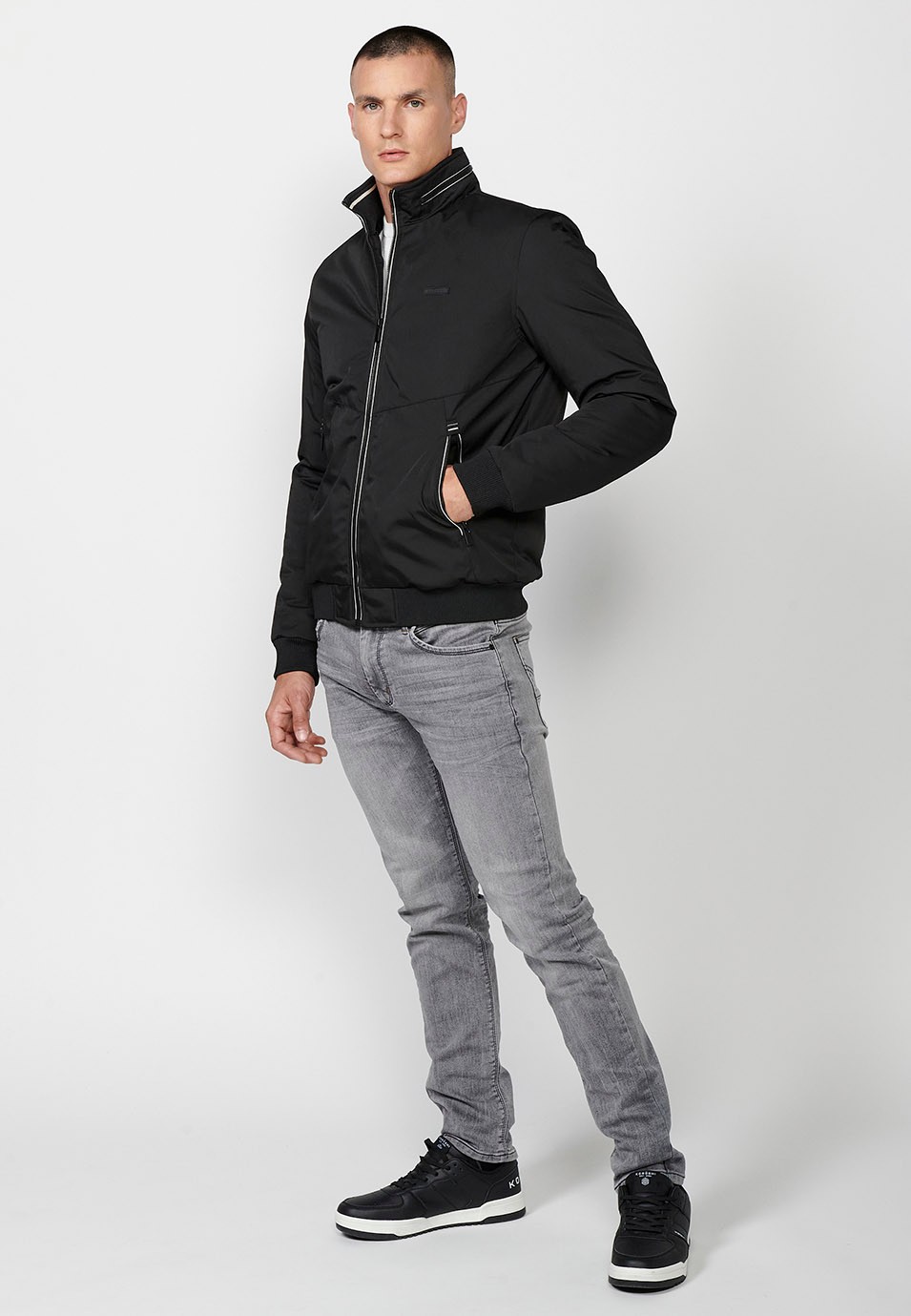 Mens High Round Neck Zip Front Jacket with Pockets in Black 6