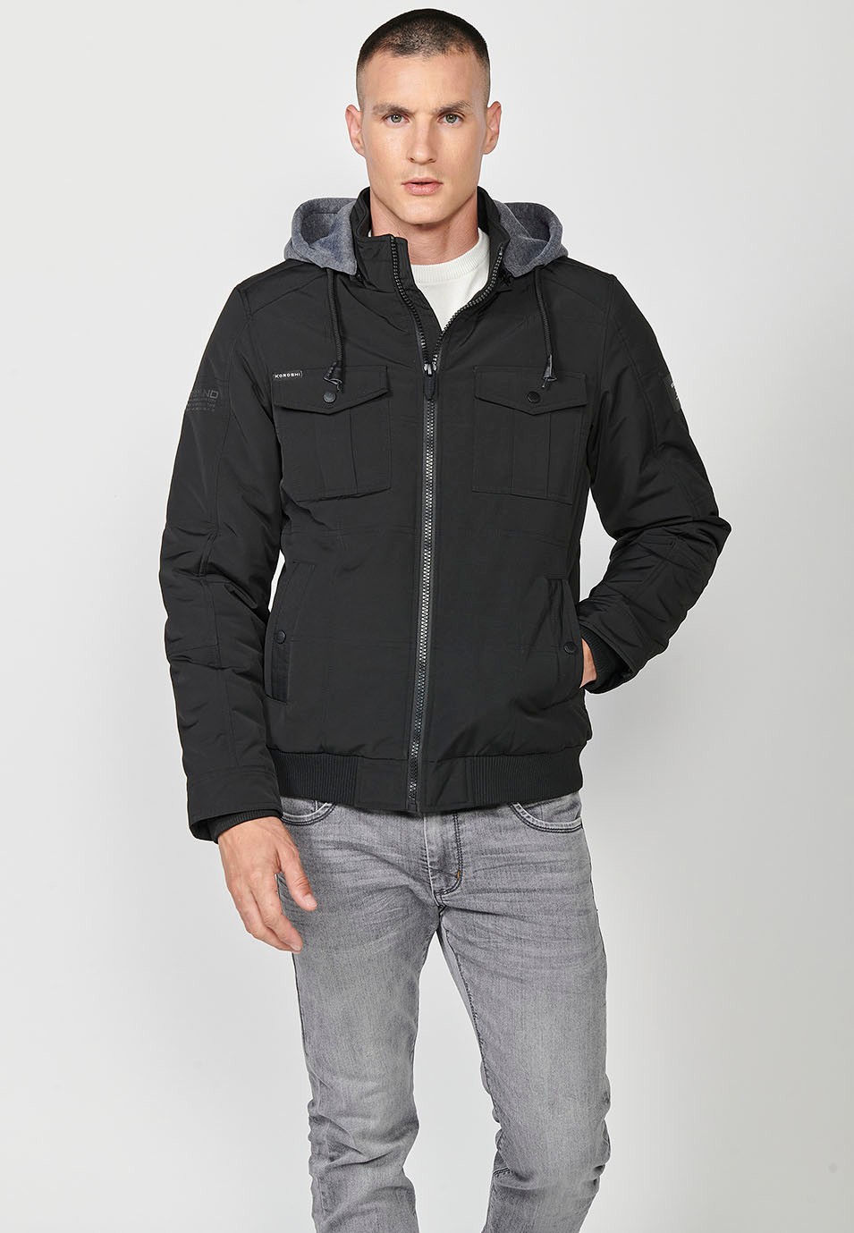 Mens Quilted Hooded Collar Zip-Front Jacket in Black