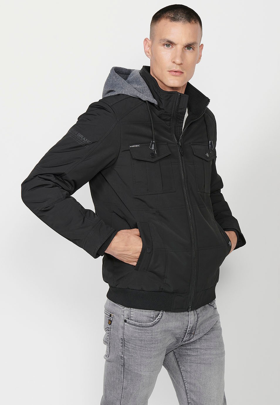 Mens Quilted Hooded Collar Zip-Front Jacket in Black 5