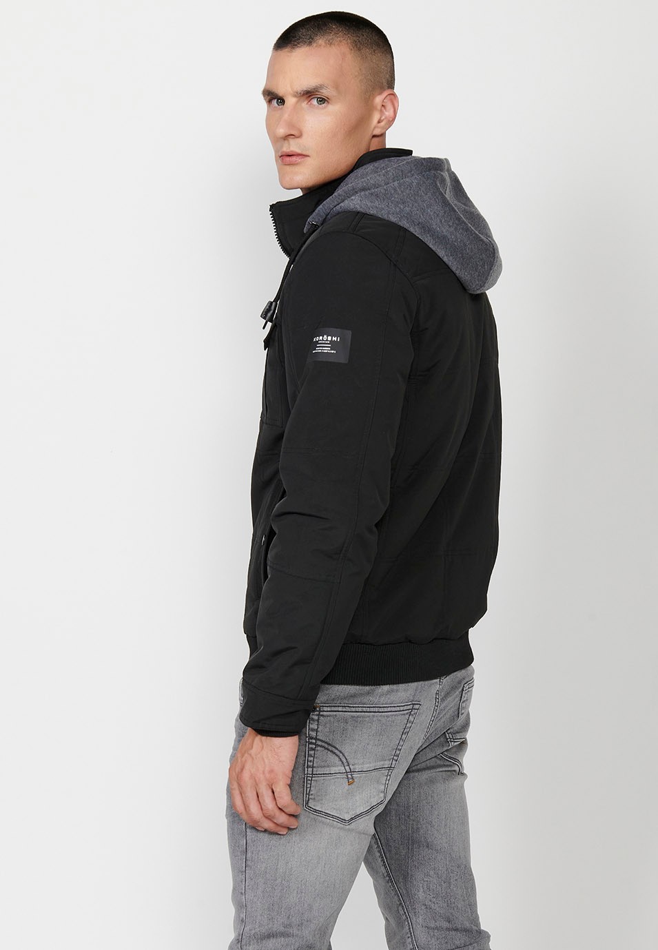 Mens Quilted Hooded Collar Zip-Front Jacket in Black 3