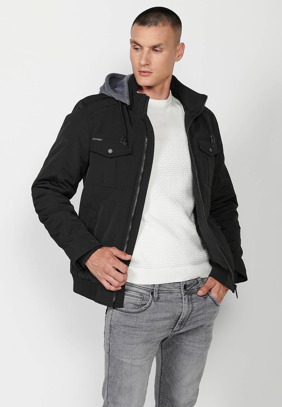 Mens Quilted Hooded Collar Zip-Front Jacket in Black 6