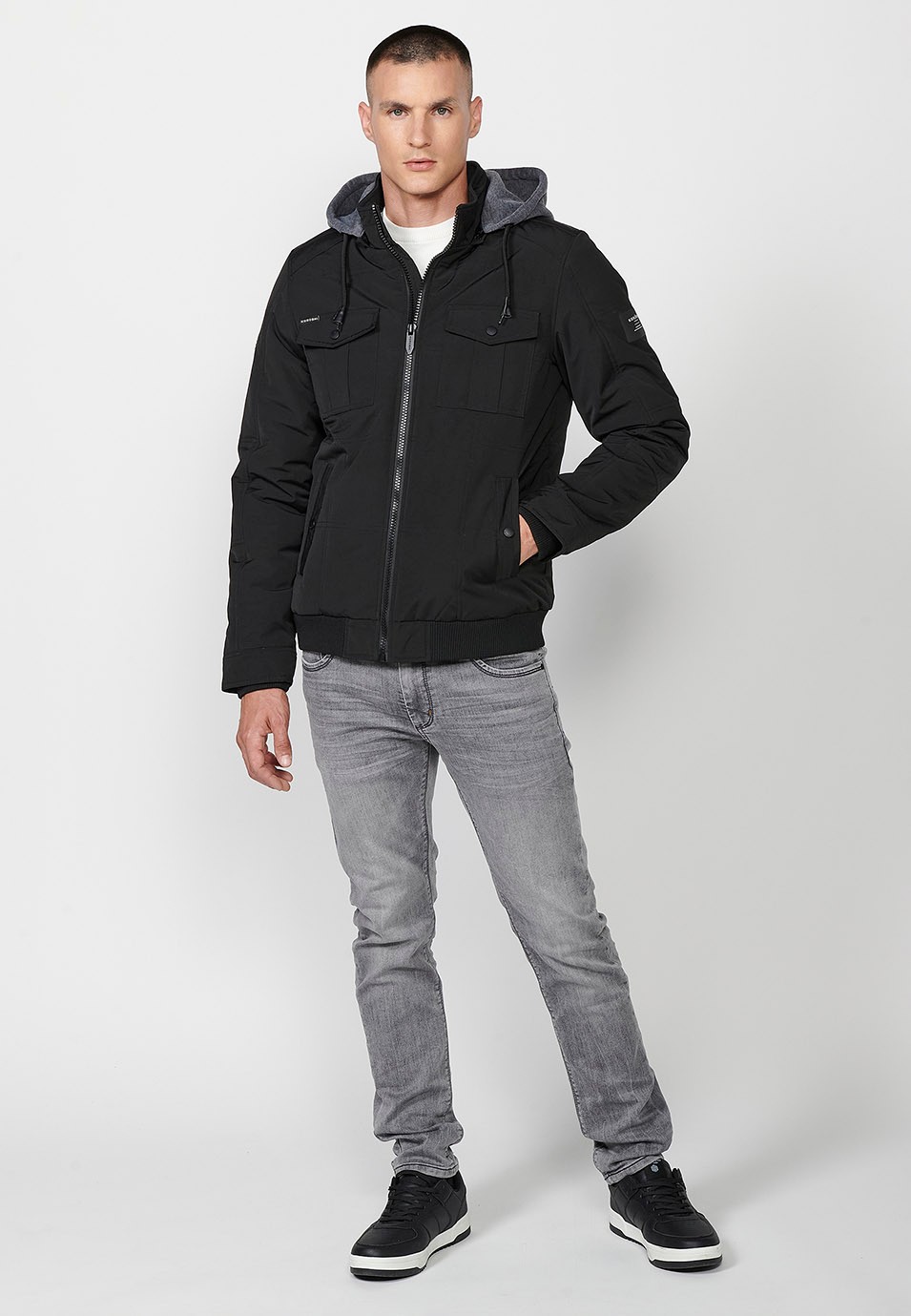 Mens Quilted Hooded Collar Zip-Front Jacket in Black 2