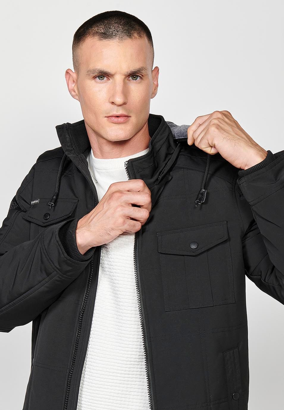 Mens Quilted Hooded Collar Zip-Front Jacket in Black 8