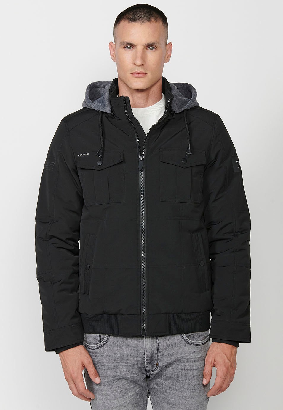 Mens Quilted Hooded Collar Zip-Front Jacket in Black 1