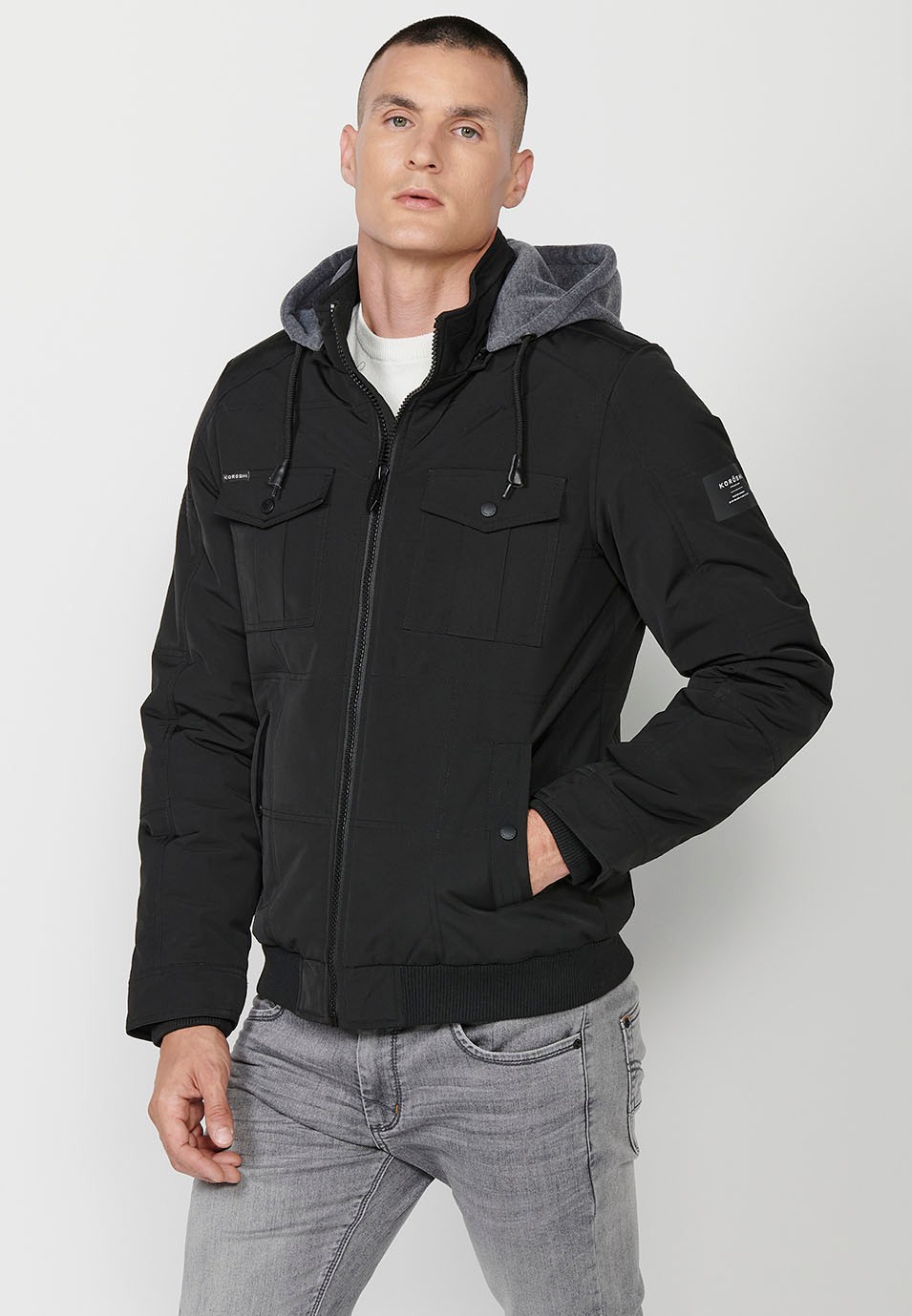 Mens Quilted Hooded Collar Zip-Front Jacket in Black 7