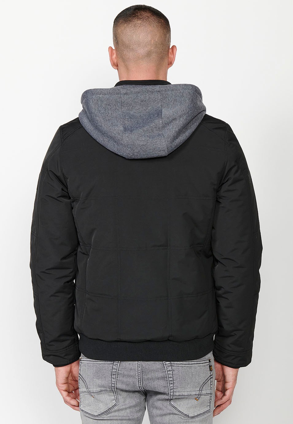 Mens Quilted Hooded Collar Zip-Front Jacket in Black 4