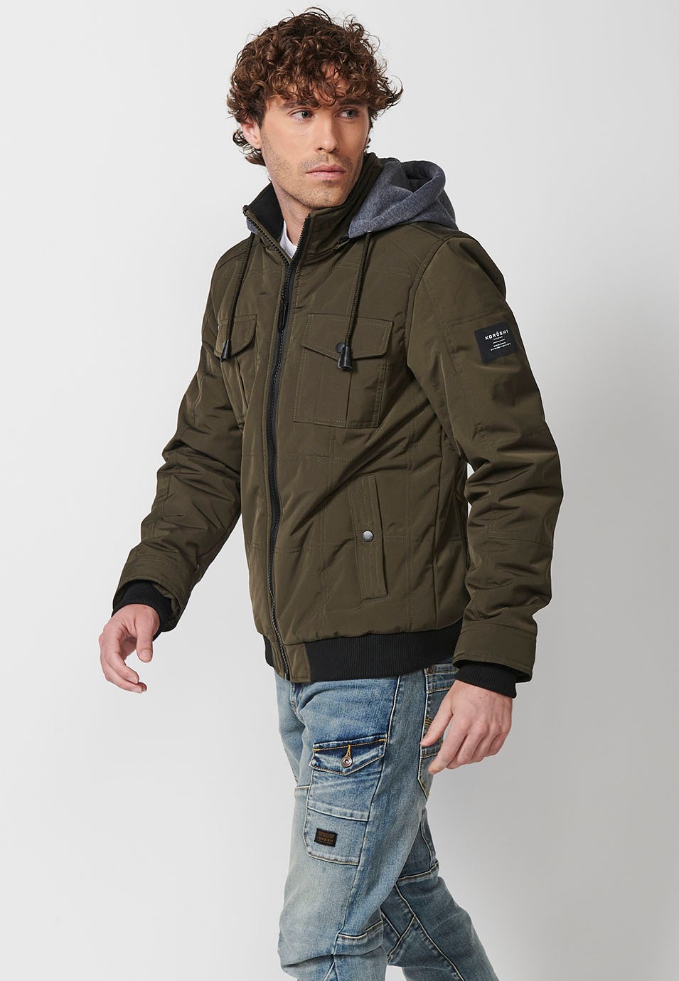 Mens Khaki Quilted Hooded Collar Zip Front Closure Jacket