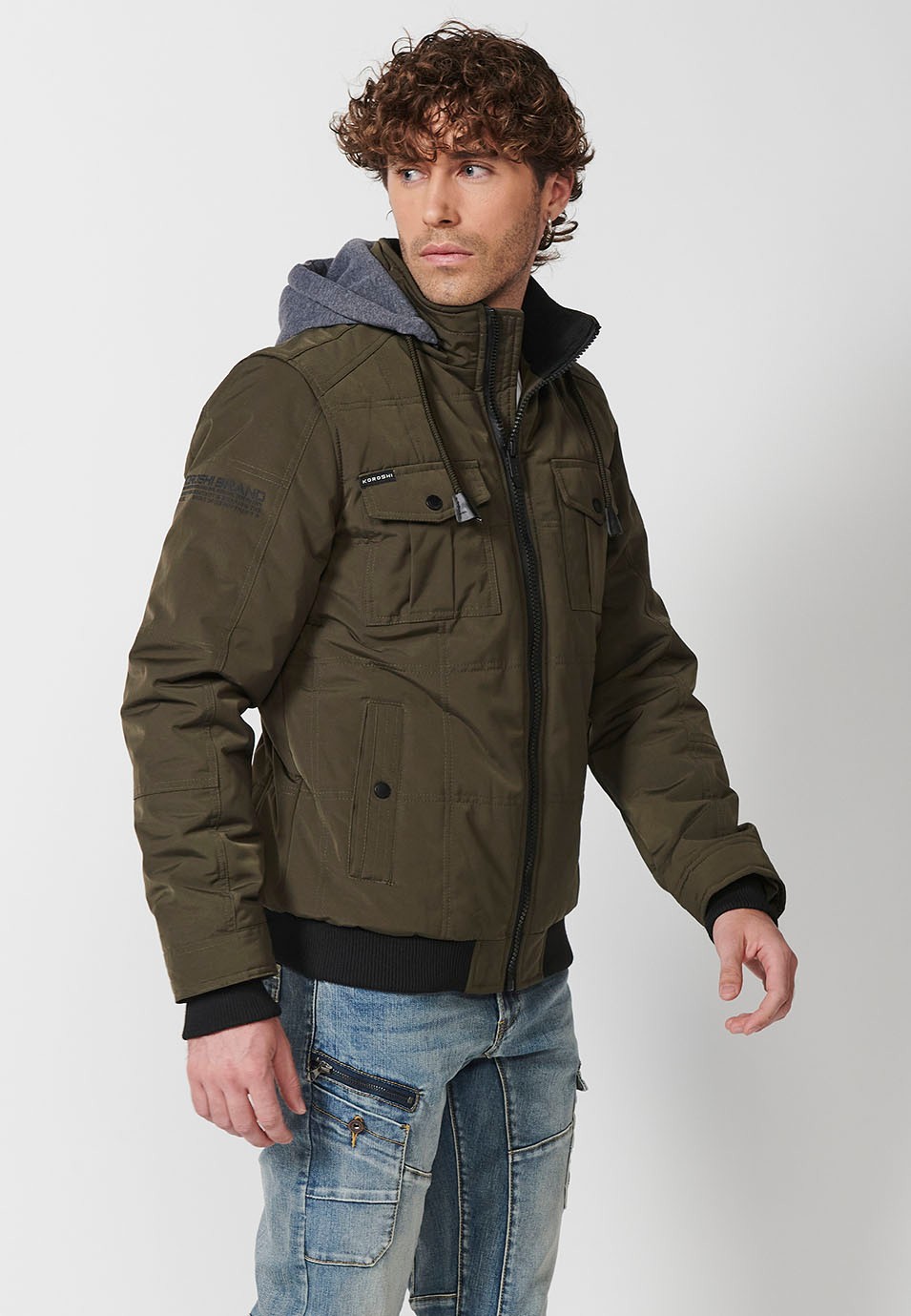 Mens Khaki Quilted Hooded Collar Zip Front Closure Jacket 7