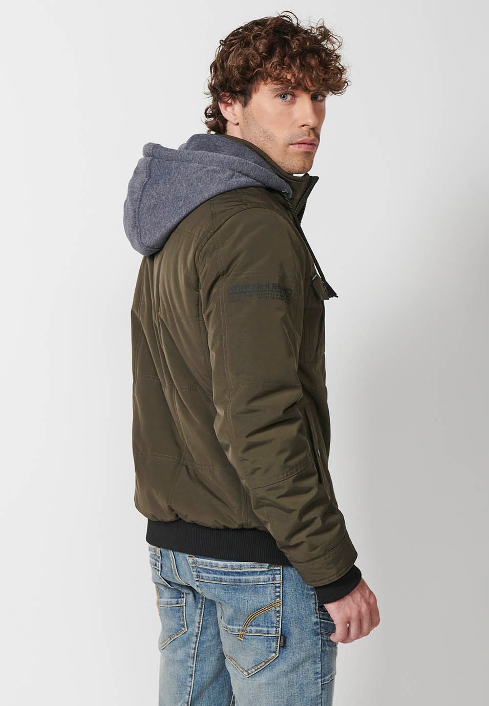 Mens Khaki Quilted Hooded Collar Zip Front Closure Jacket 6