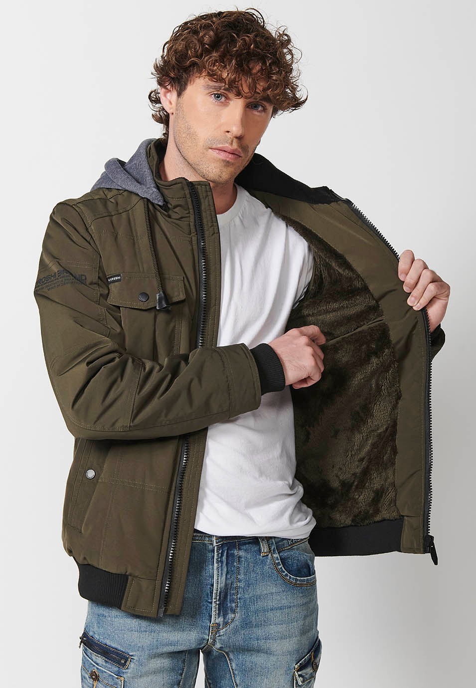 Mens Khaki Quilted Hooded Collar Zip Front Closure Jacket 1