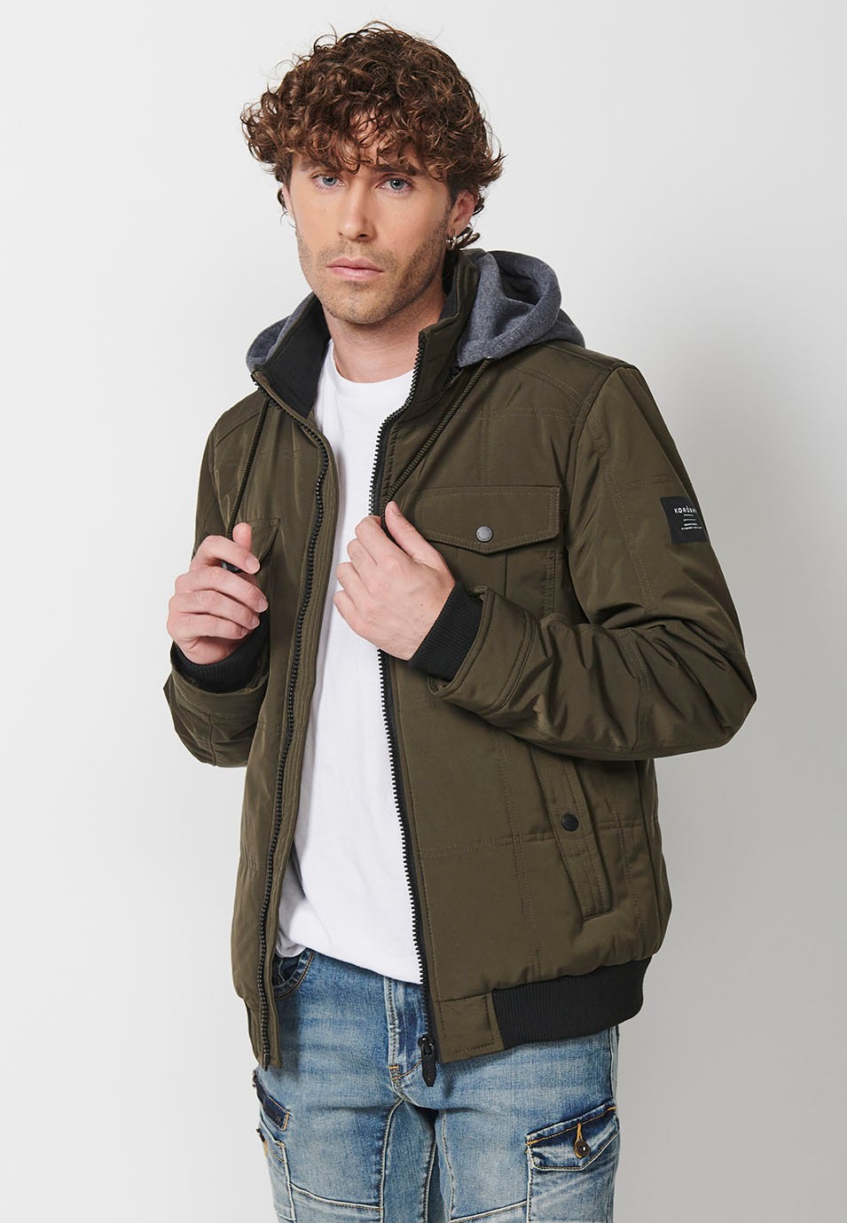 Mens Khaki Quilted Hooded Collar Zip Front Closure Jacket 5