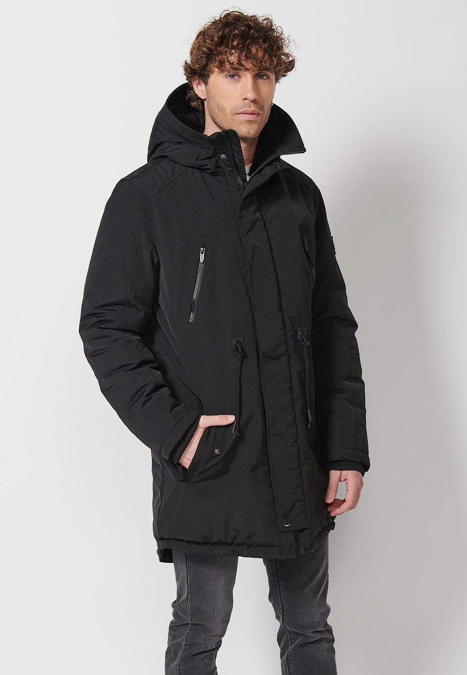 Men's Black Long Parka with Collar and Hood with Front Zip Closure and Flap