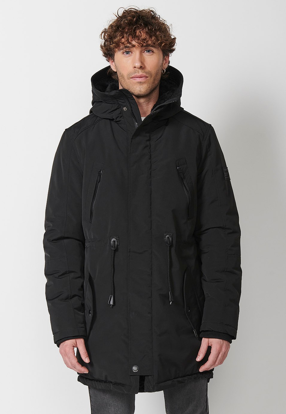 Men's Black Long Parka with Collar and Hood with Front Zip Closure and Flap 2