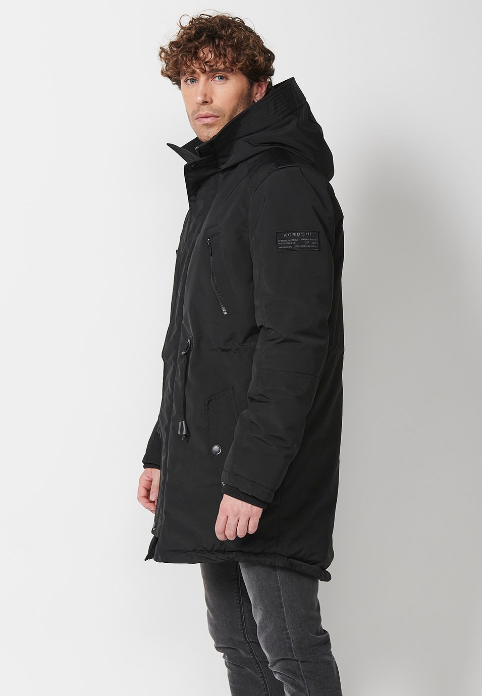 Men's Black Long Parka with Collar and Hood with Front Zip Closure and Flap 4