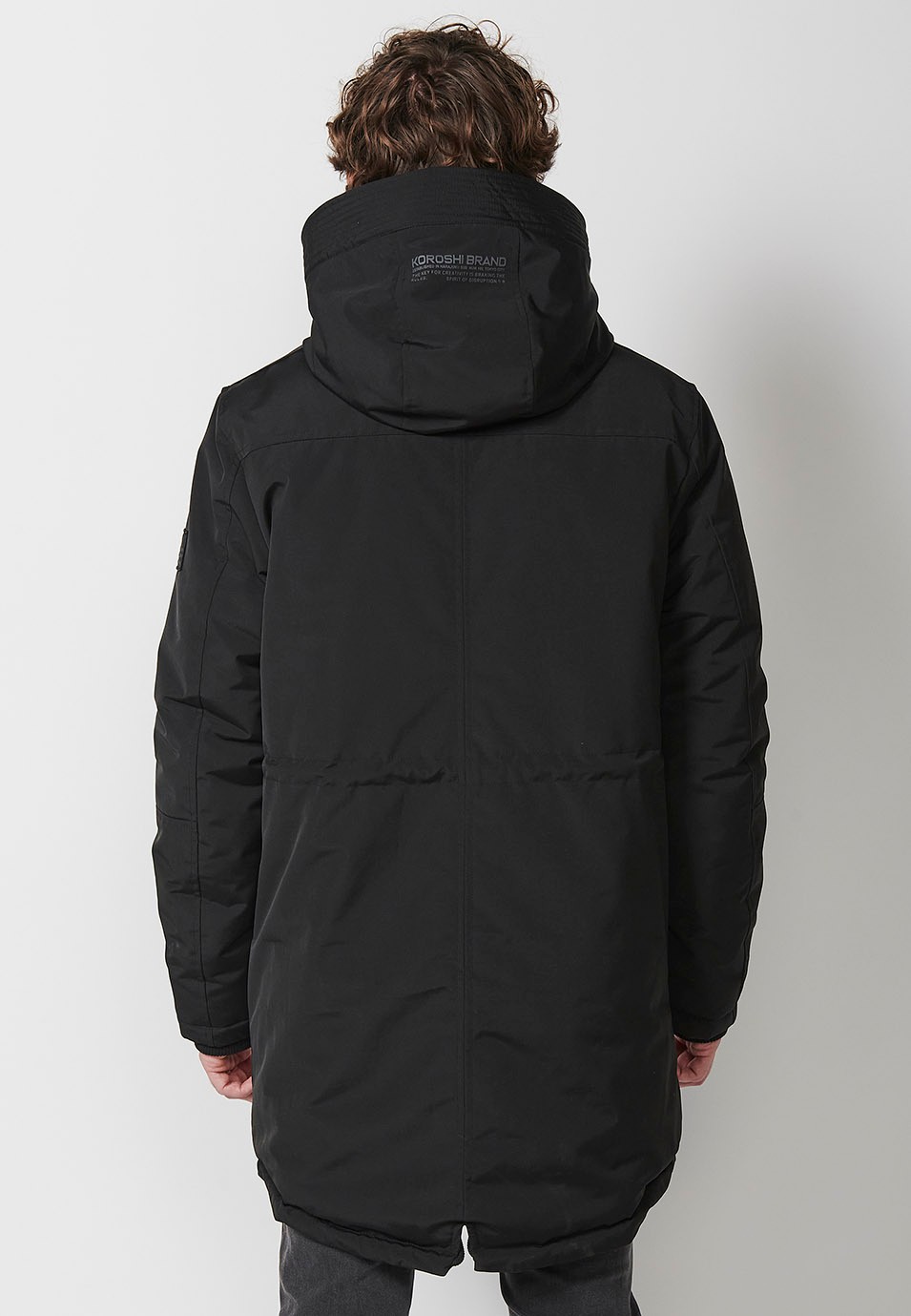 Men's Black Long Parka with Collar and Hood with Front Zip Closure and Flap 5