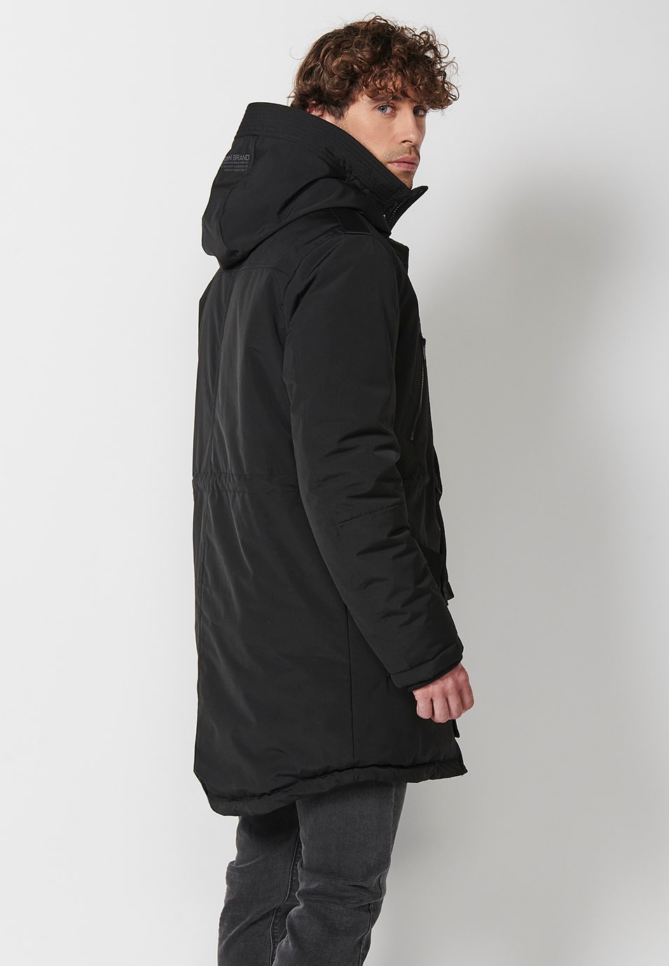 Men's Black Long Parka with Collar and Hood with Front Zip Closure and Flap 1