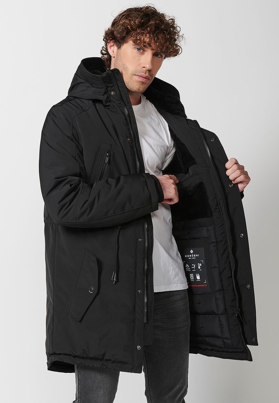 Men's Black Long Parka with Collar and Hood with Front Zip Closure and Flap 7