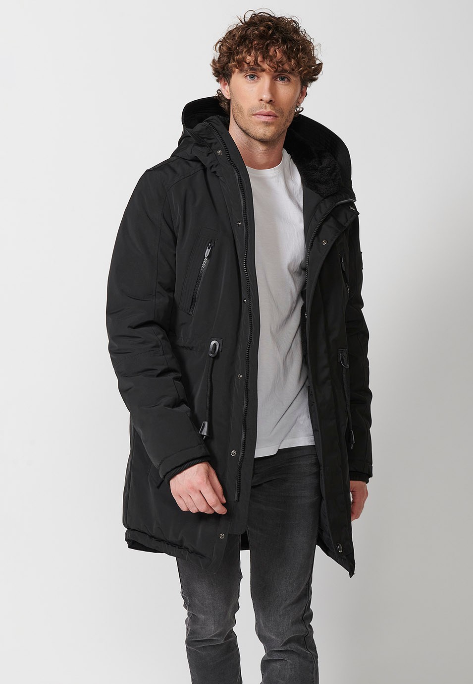 Men's Black Long Parka with Collar and Hood with Front Zip Closure and Flap 6