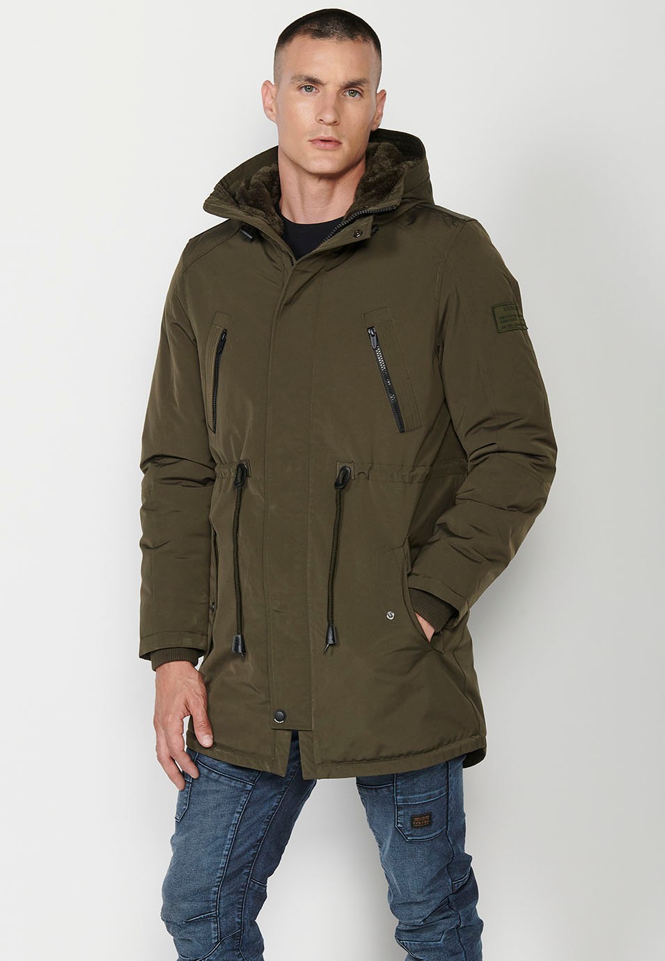 Mens Khaki Long Parka with Collar and Hood with Front Zip Closure and Flap