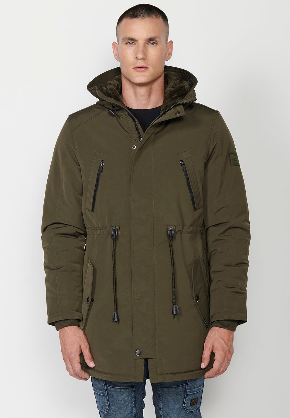 Mens Khaki Long Parka with Collar and Hood with Front Zip Closure and Flap 4