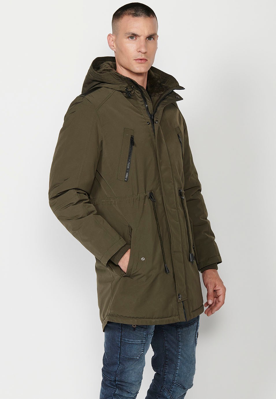 Mens Khaki Long Parka with Collar and Hood with Front Zip Closure and Flap 6