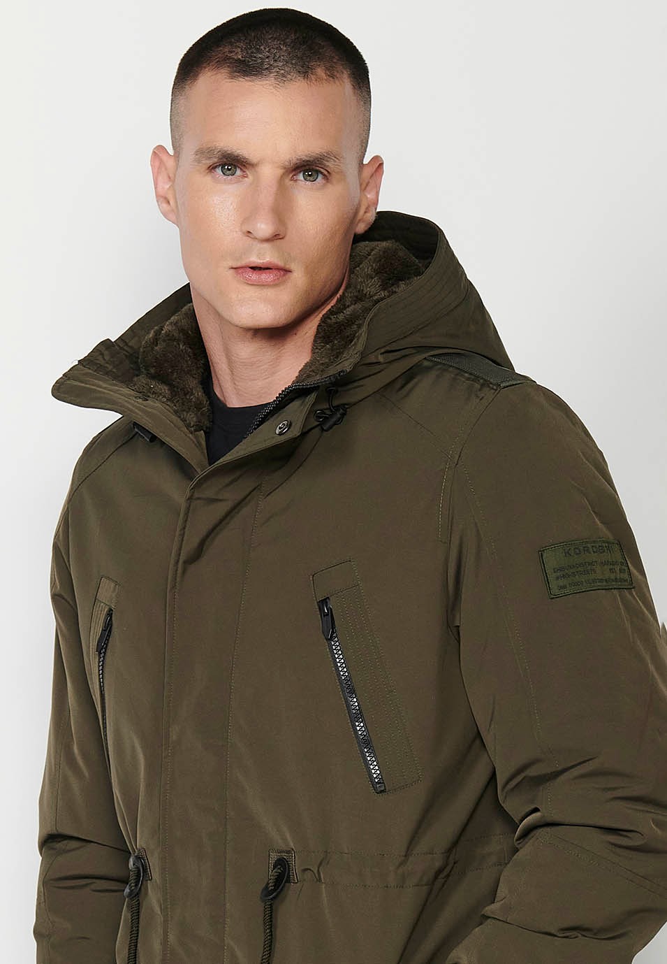 Mens Khaki Long Parka with Collar and Hood with Front Zip Closure and Flap 7