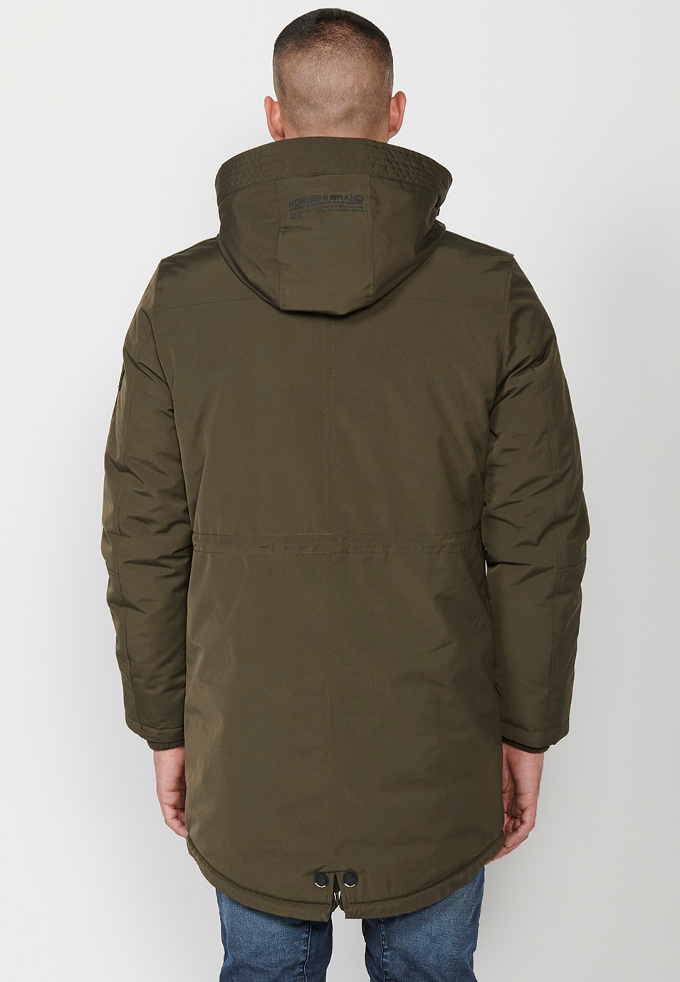 Mens Khaki Long Parka with Collar and Hood with Front Zip Closure and Flap 8