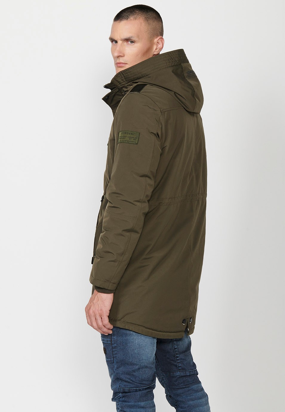 Mens Khaki Long Parka with Collar and Hood with Front Zip Closure and Flap 2