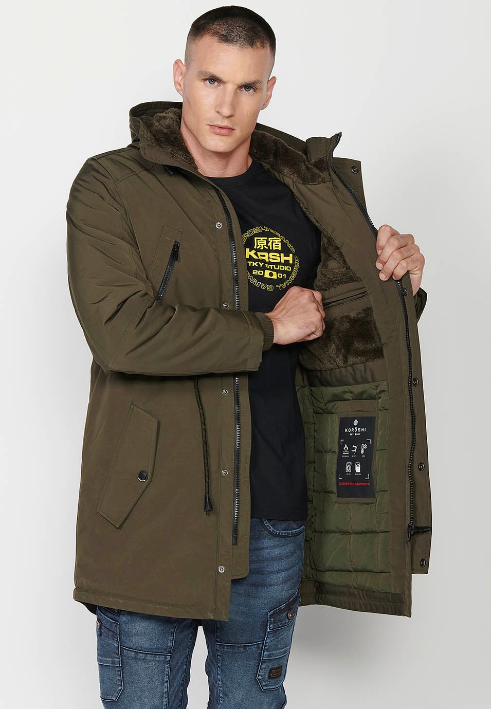 Mens Khaki Long Parka with Collar and Hood with Front Zip Closure and Flap 3