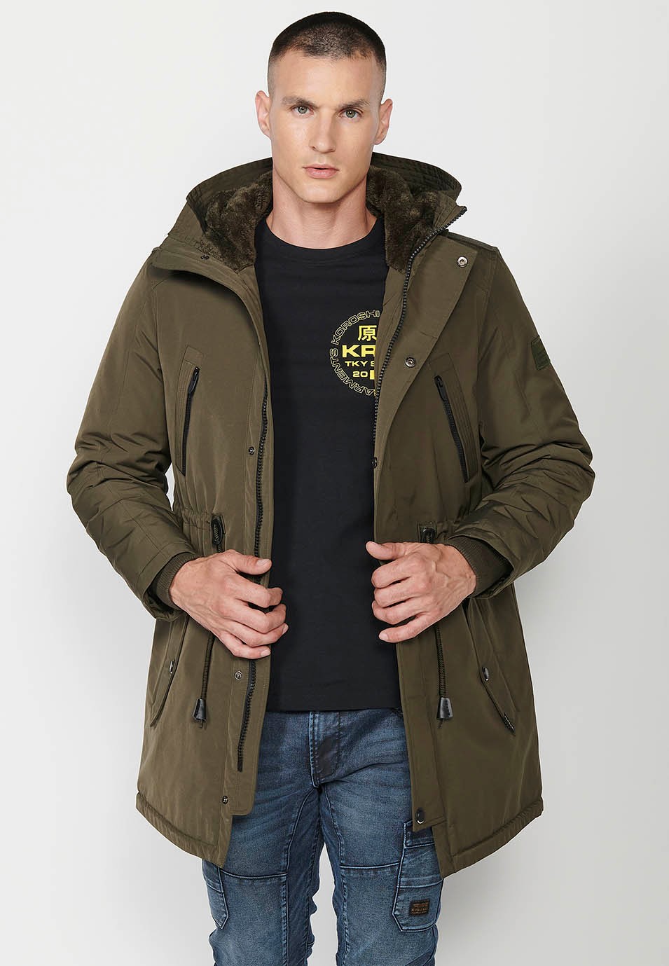 Mens Khaki Long Parka with Collar and Hood with Front Zip Closure and Flap 5