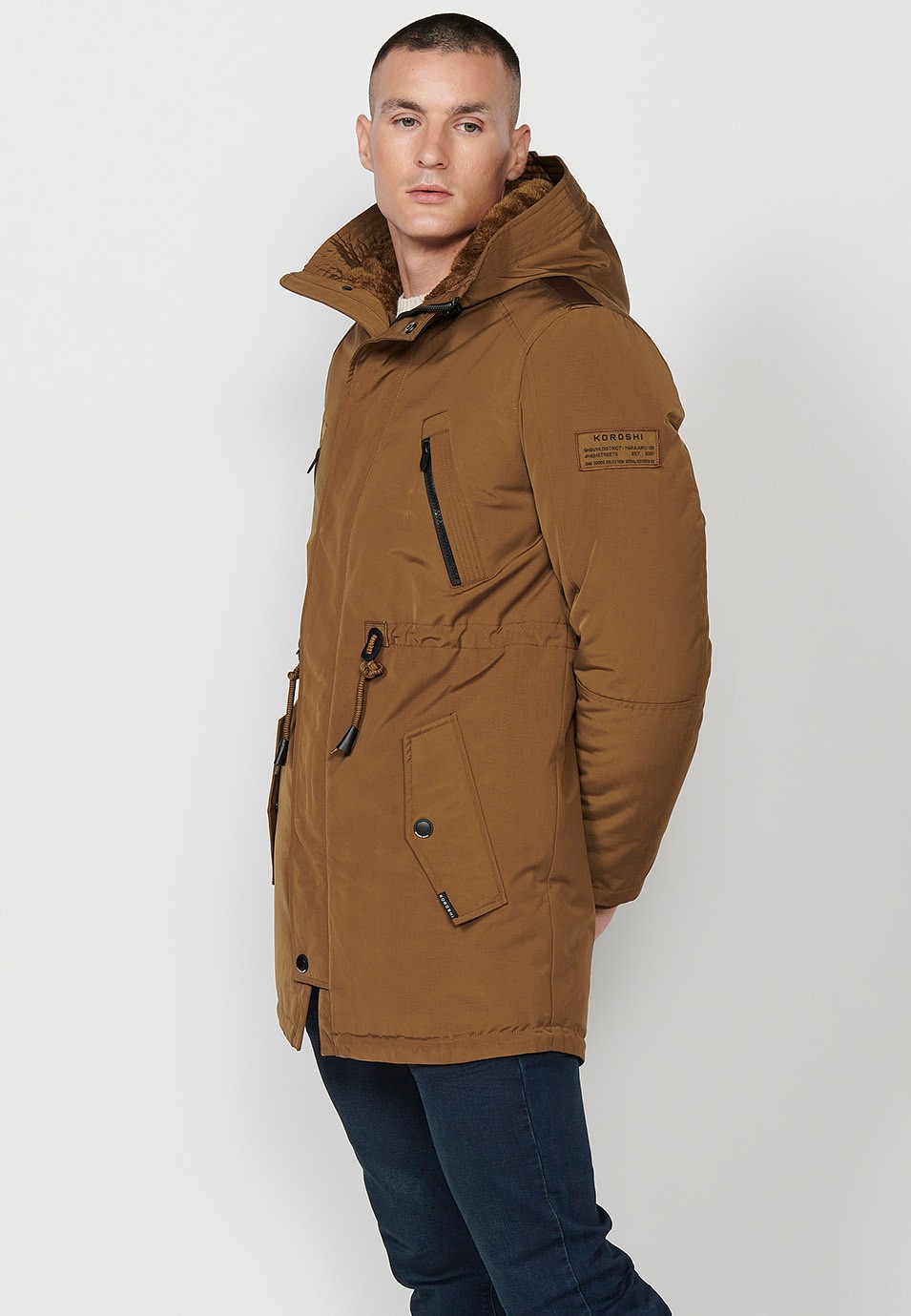 Mens Brown Long Parka with Collar and Hood with Front Zip Closure and Flap 4