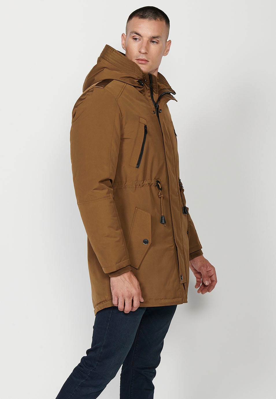 Mens Brown Long Parka with Collar and Hood with Front Zip Closure and Flap 6