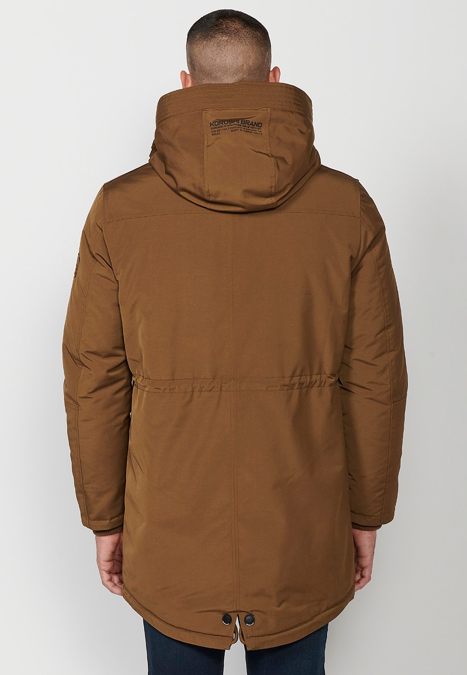 Mens Brown Long Parka with Collar and Hood with Front Zip Closure and Flap 2