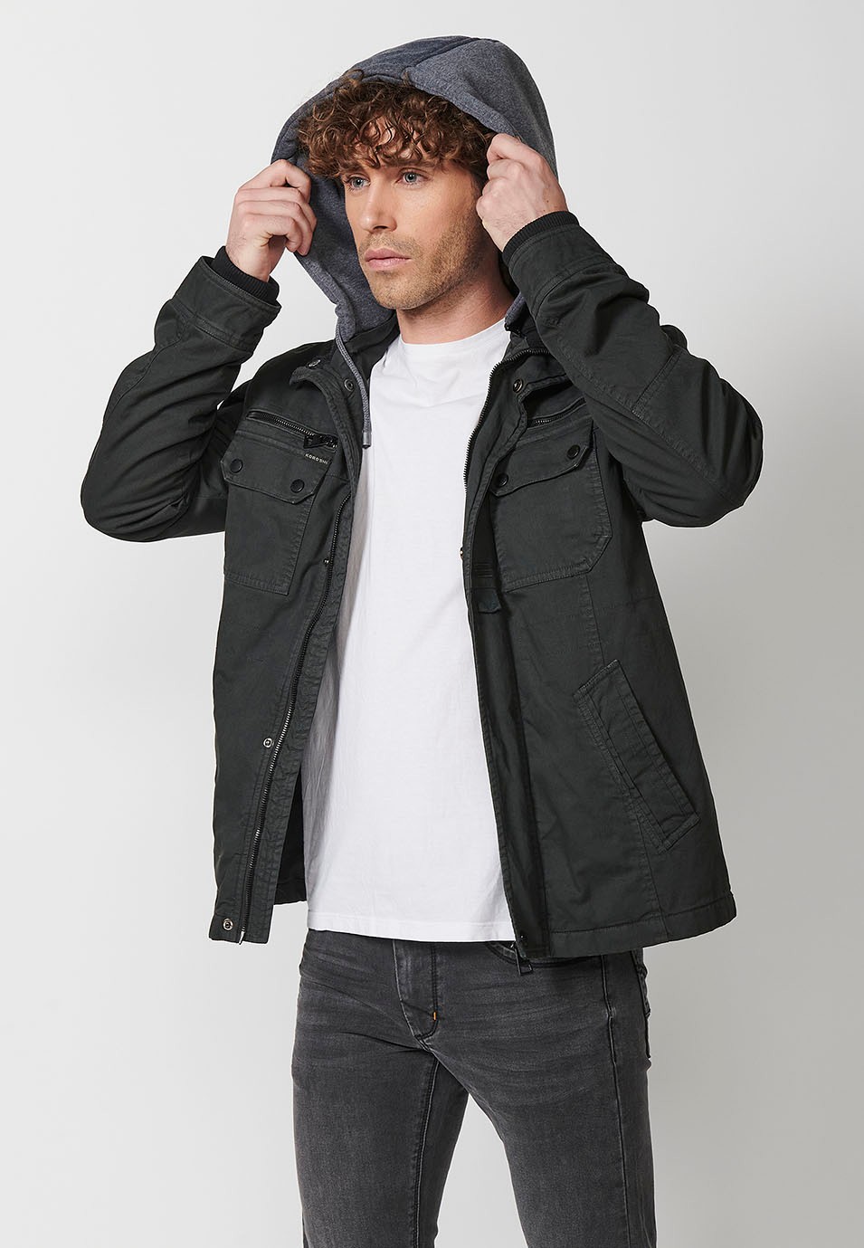 Cotton Hooded Collar Jacket with Front Zip Closure and Flap with Pockets in Black for Men 6