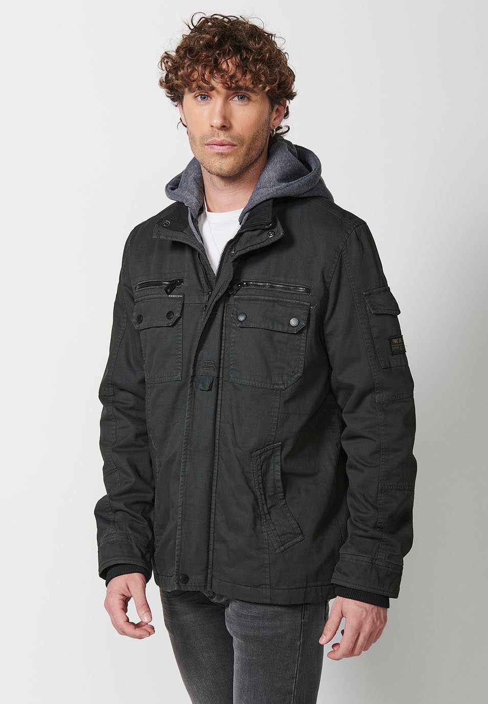 Cotton Hooded Collar Jacket with Front Zip Closure and Flap with Pockets in Black for Men