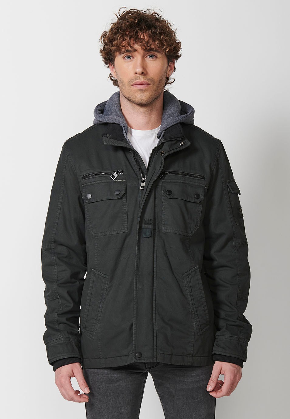 Cotton Hooded Collar Jacket with Front Zip Closure and Flap with Pockets in Black for Men 3