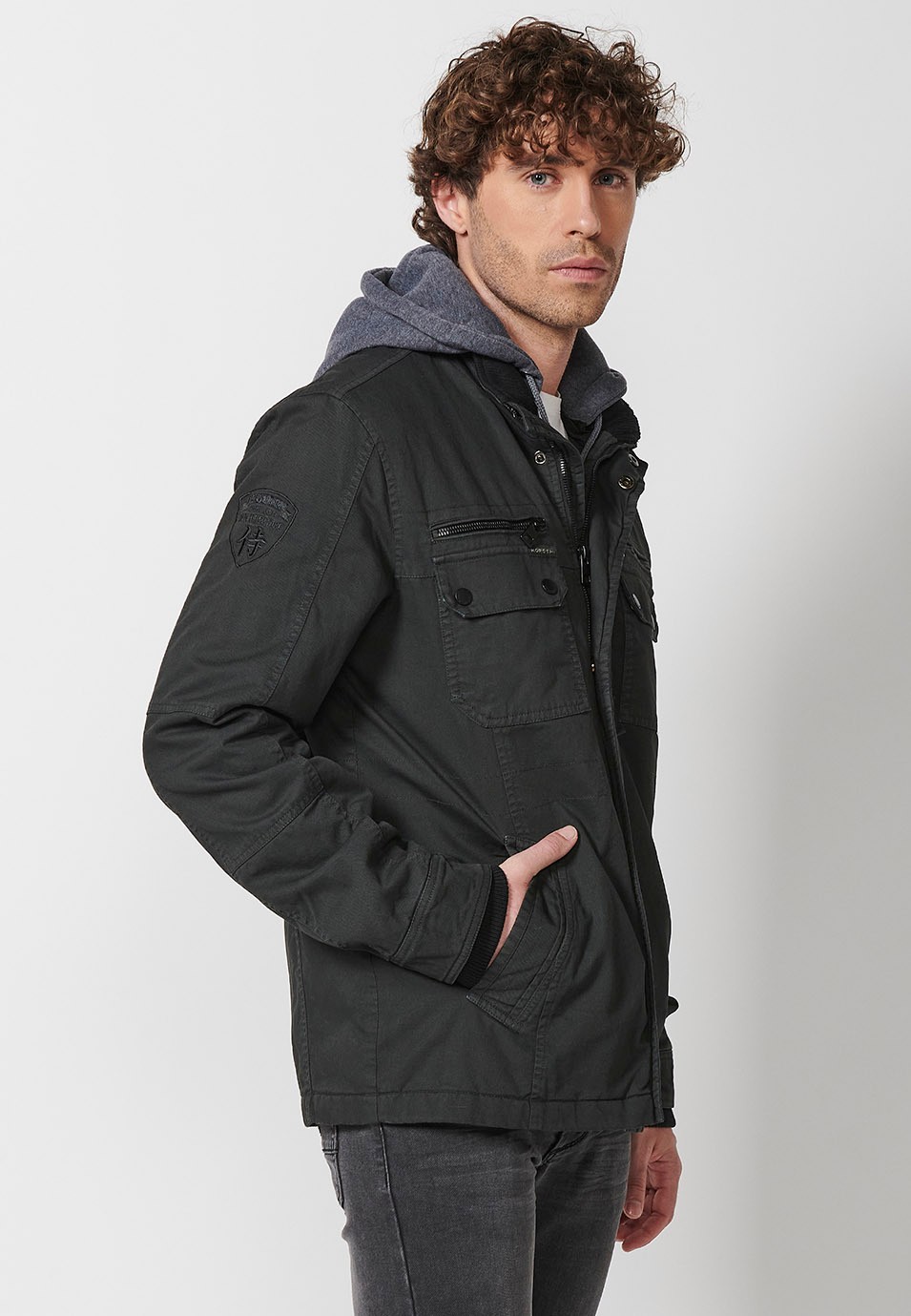 Cotton Hooded Collar Jacket with Front Zip Closure and Flap with Pockets in Black for Men 2