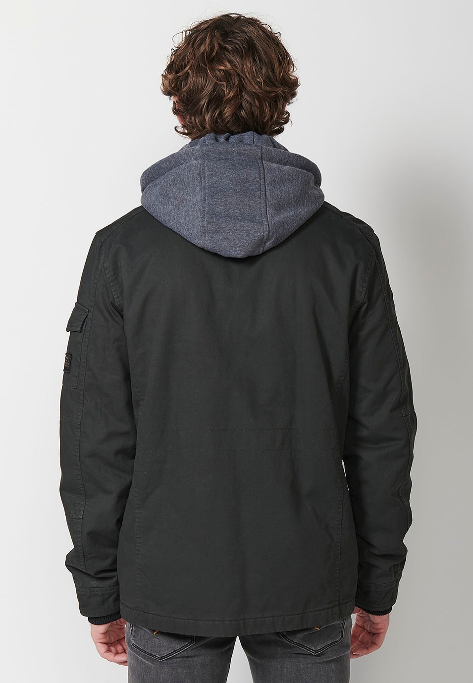 Cotton Hooded Collar Jacket with Front Zip Closure and Flap with Pockets in Black for Men 5