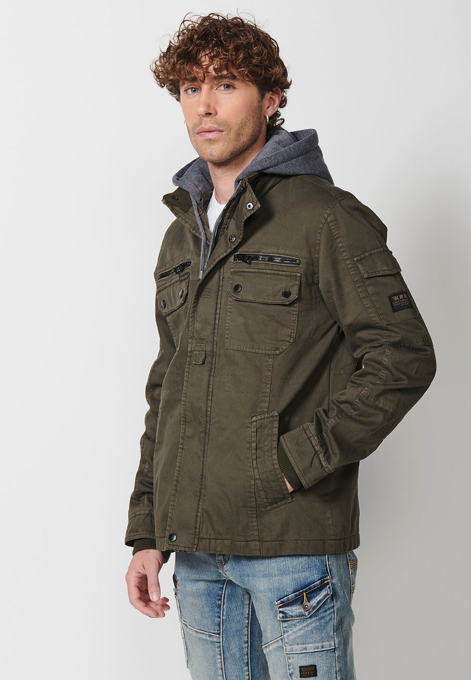 Men's Hooded Collar Cotton Jacket with Zip Front Closure and Flap with Pockets Olive