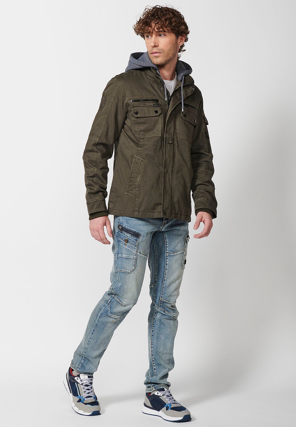 Men's Hooded Collar Cotton Jacket with Zip Front Closure and Flap with Pockets Olive